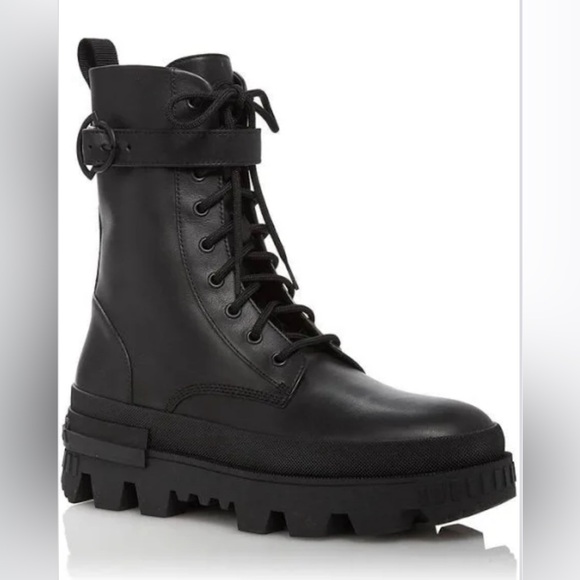 MONCLER Womens Black Pull Tab Carinne Toe Block Heel Leather Combat Boots 35 - Picture 1 of 14